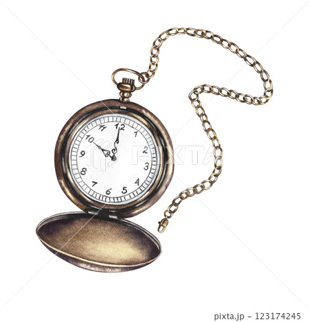 Pocket watch with a chain. Handmade watercolor illustration. A color image of a vintage accessory. Separate from the background. Perfect for posters, postcards and banners, flyers, packages and labels 123174245