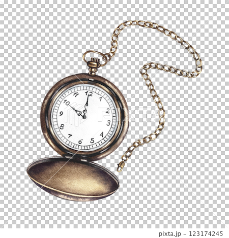 Pocket watch with a chain. Handmade watercolor illustration. A color image of a vintage accessory. Separate from the background. Perfect for posters, postcards and banners, flyers, packages and labels 123174245