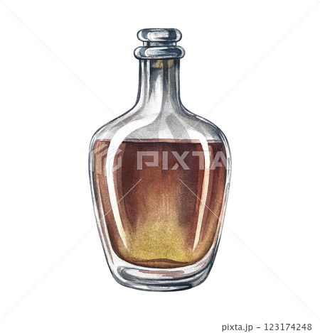 A bottle of cognac. Handmade watercolor illustration. A color image of an alcoholic beverage. Separate from the background. Perfect for menus, banners, flyers, packages, labels, invitations, and more. 123174248