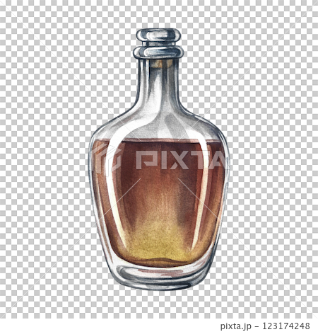 A bottle of cognac. Handmade watercolor illustration. A color image of an alcoholic beverage. Separate from the background. Perfect for menus, banners, flyers, packages, labels, invitations, and more. 123174248