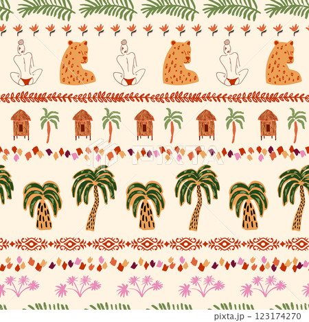 Tropical striped seamless pattern. Summer palm tree, beach houses, woman shape, jaguar. Cute vector print 123174270
