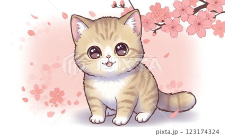 桜を背景にしたかわいらしい子猫 123174324