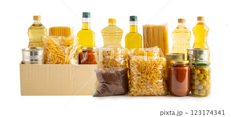Foodstuffs in donation box for volunteer isolated on white background. Foodstuffs in donation box for volunteer isolated on white background. 123174341