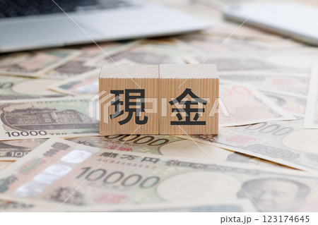 お金の上に現金と書かれたブロック 123174645