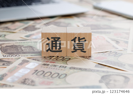 お金の上に通貨と書かれたブロック お金の上に通貨と書かれたブロック 123174646