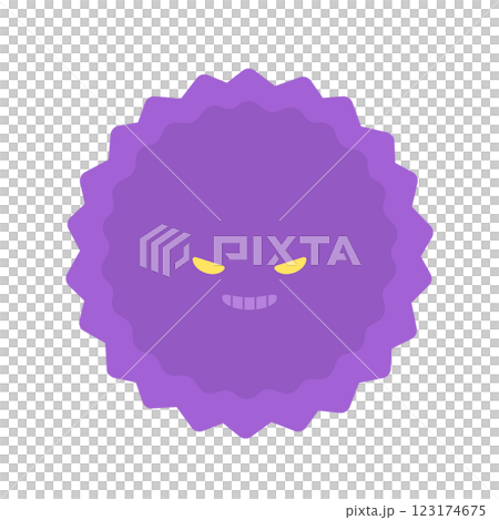 悪い顔で笑う紫色のギザギザした形のばい菌・ウイルス・毒などの物質や悪意などのイメージ素材 悪い顔で笑う紫色のギザギザした形のばい菌・ウイルス・毒などの物質や悪意などのイメージ素材 123174675