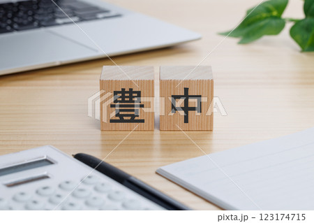 テーブルの上に豊中と書かれたブロック 123174715