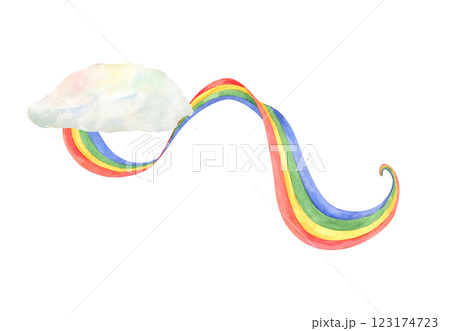 Watercolor multicolor wavy rainbow growing from cloud illustration isolated background. Saint Patrick day 2025 decoration. Spring festive attribute for holiday cards, poster 123174723