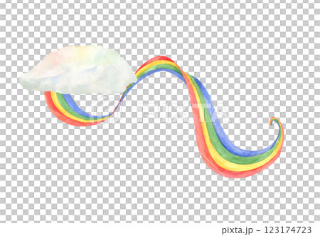 Watercolor multicolor wavy rainbow growing from cloud illustration isolated background. Saint Patrick day 2025 decoration. Spring festive attribute for holiday cards, poster 123174723