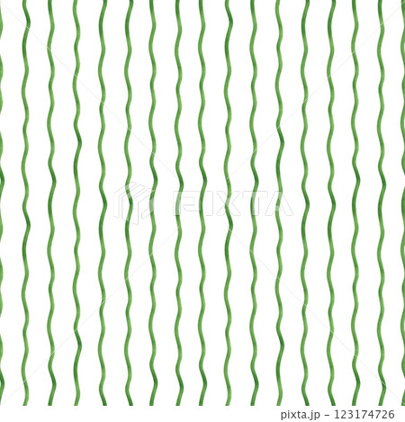 Green watercolor vertical wave stripes seamless pattern isolated background. Hand drawn curly brush stroke, simple lines ornate illustration. Spring naive ornate for kitchen textile, canvas 123174726