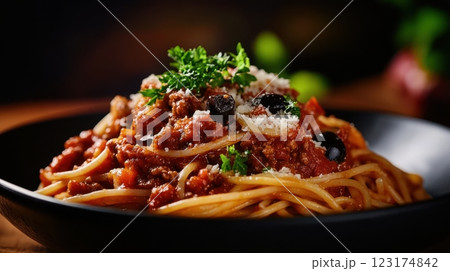 Indulgent spaghetti Bolognese in a black ceramic bowl, coated in thick tomato sauce, garnished with parsley, black olives, and Parmesan. Moody lighting creates a cinematic, cozy gourmet dining 123174842