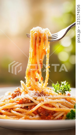 A fork lifts spaghetti Bolognese mid-air, with glistening sauce and falling Parmesan. Warm natural light and a sunlit window create a fresh, inviting Italian home-cooked atmosphere. 123174856