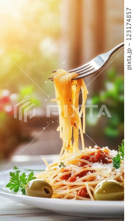 A fork lifts spaghetti Bolognese mid-air, with glistening sauce and falling Parmesan. Warm natural light and a sunlit window create a fresh, inviting Italian home-cooked atmosphere. 123174857