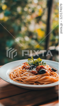 Beautifully plated spaghetti Bolognese with a rich tomato sauce, parsley, olives, and Parmesan, bathed in soft natural light near a sunlit window, evoking a cozy, inviting Italian dining experience. 123174870