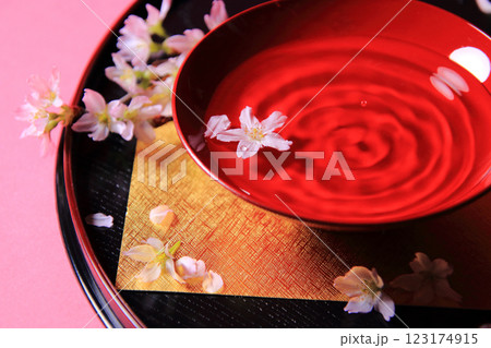 日本酒　14　和盆と啓翁桜で花見酒 123174915