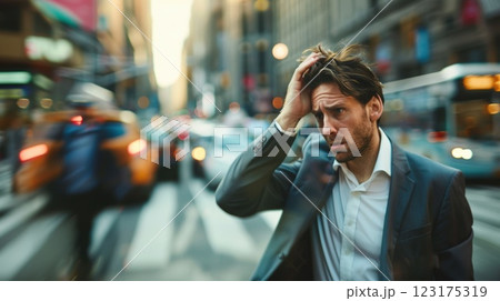 Businessman Feeling Stressed and Overwhelmed in a Busy Urban Environment 123175319