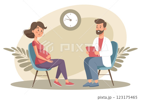 Pregnant woman sitting with doctor. Prenatal doctor consultation. Monitoring pregnancy and healthy. Flat style illustration.  123175465