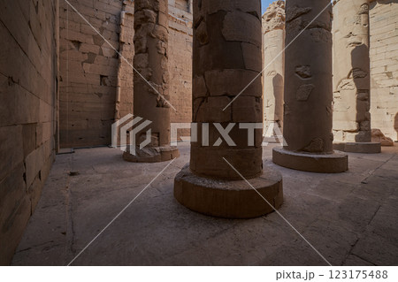 The Temple of Kalabsha an ancient Egyptian temple that was originally located at Bab al-Kalabsha (Gate of Kalabsha) 50 km south south of Aswan, Egypt. 123175488