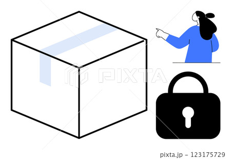 A large box, a customer service representative pointing, and a lock symbol. Ideal for delivery services, security, customer support, logistics, packaging safety themes. Minimalist design style A large box, a customer service representative pointing, and a lock symbol. Ideal for delivery services, security, customer support, logistics, packaging safety themes. Minimalist design style 123175729