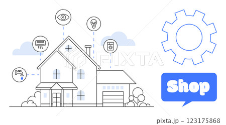 A house with interconnected smart devices such as cameras, lights, HVAC, and washing machines represented. Large gear and shop sign on the right. Ideal for smart home tech, online shopping, home A house with interconnected smart devices such as cameras, lights, HVAC, and washing machines represented. Large gear and shop sign on the right. Ideal for smart home tech, online shopping, home 123175868