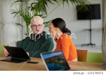 A blond businessman and his colleague sit in an office discussing work while using a laptop to collaborate on tasks 123176072