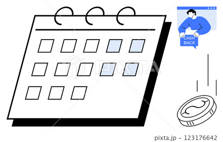 Calendar with highlighted dates, a person showing cash back on a screen, and a falling coin. Ideal for financial planning, savings goals, budgeting, expense tracking, and economic education. Simple 123176642