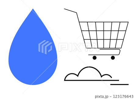 Blue water drop and black shopping cart with a cloud outline. Ideal for water conservation, shopping, cloud computing, minimalistic design, eco-friendly themes. Modern minimalist design style 123176643