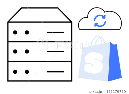 Three elements including a data storage server, cloud sync symbol, and shopping bag with an S mark. Ideal for technology, cloud computing, data storage, e-commerce, and retail themes. Minimalistic Three elements including a data storage server, cloud sync symbol, and shopping bag with an S mark. Ideal for technology, cloud computing, data storage, e-commerce, and retail themes. Minimalistic 123176730