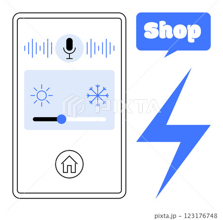 Smartphone interface with voice command button, temperature slider, home button, online shopping icon, and lightning bolt symbol. Ideal for smart home, technology, online shopping, voice control 123176748