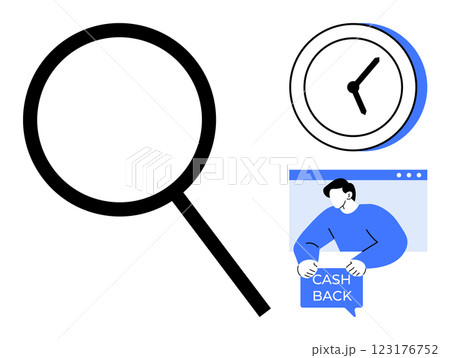 Magnifying glass alongside clock and person holding cashback sign in a browser window. Ideal for search, time management, online shopping, finance, and digital marketing themes. Flat vector art style Magnifying glass alongside clock and person holding cashback sign in a browser window. Ideal for search, time management, online shopping, finance, and digital marketing themes. Flat vector art style 123176752