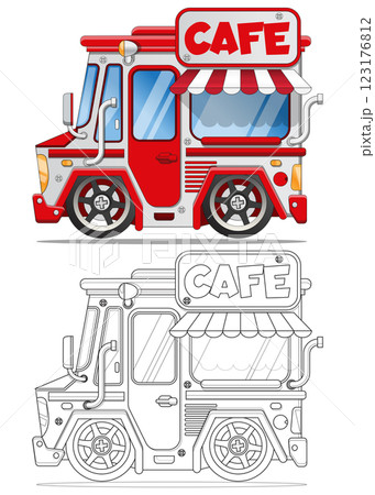Van with a mobile cafe. Side view. Coloring. Isolated on white background. Vector illustration. illustration. Van with a mobile cafe. Side view. Coloring. Isolated on white background. Vector illustration. illustration. 123176812