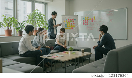 リラックスした雰囲気でのオフィスミーティング リラックスした雰囲気でのオフィスミーティング 123176864