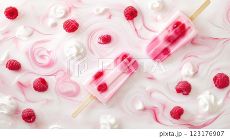 creamy raspberry yogurt popsicles with vibrant red fruit swirl, soft pink hue, arranged on white marble background, fresh raspberries scattered around 123176907