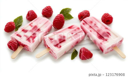 creamy raspberry yogurt popsicles with vibrant red fruit swirl, soft pink hue, arranged on white marble background, fresh raspberries scattered around 123176908