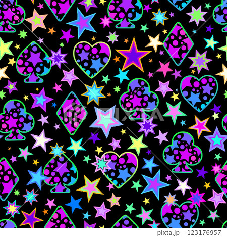 Seamless pattern of colorful shapes on a black background 123176957