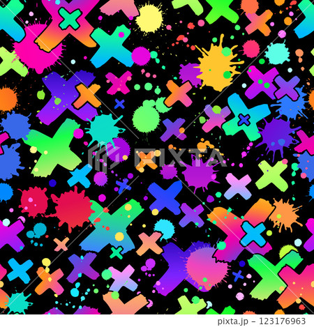 Bright seamless pattern with colorful crosses and paint splashes Bright seamless pattern with colorful crosses and paint splashes 123176963