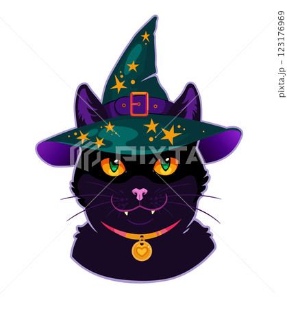 Cute cartoon black cat wearing a witch hat 123176969