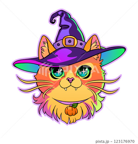 Portrait of a cute cartoon cat wearing a witch hat 123176970