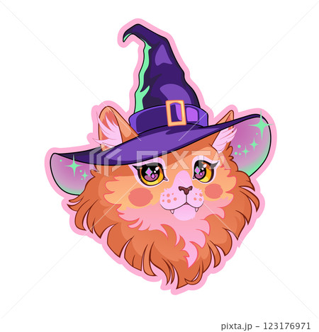 Drawing of a cute red cat wearing a pointed witch hat 123176971