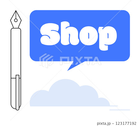 Fountain pen beside blue speech bubble containing the word Shop and cloud-like shape. Ideal for online stores stationery branding e-commerce websites marketing materials promotional content 123177192