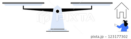 Simple representation of a person pointing at the scales and a house. Ideal for themes of work-life balance housework prioritization decision-making stability and equality. Minimalistic flat style 123177302