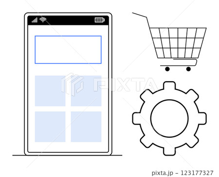 Simplified outline of a smartphone with a shopping cart and a settings gear. Ideal for mobile apps, e-commerce, online shopping, tech configuration, and user interface settings. Minimalist design Simplified outline of a smartphone with a shopping cart and a settings gear. Ideal for mobile apps, e-commerce, online shopping, tech configuration, and user interface settings. Minimalist design 123177327