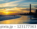 Lighthouse Faro de Maspalomas on Gran Canaria at Sunset During Blue Hour With Sea 123177363