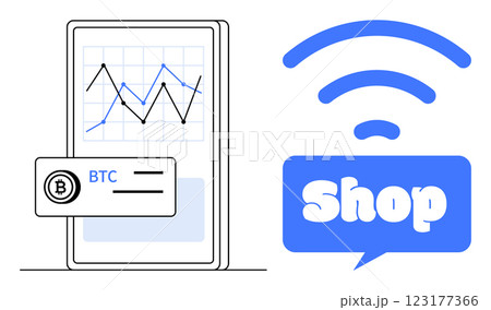 A smartphone screen with a Bitcoin chart and a credit card symbol alongside a blue shop sign with a wireless symbol. Ideal for technology, cryptocurrency, e-commerce, online shopping, digital A smartphone screen with a Bitcoin chart and a credit card symbol alongside a blue shop sign with a wireless symbol. Ideal for technology, cryptocurrency, e-commerce, online shopping, digital 123177366