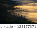 Aerial view of breathtaking sunset with clouds slowly rolling over the treeline 123177371