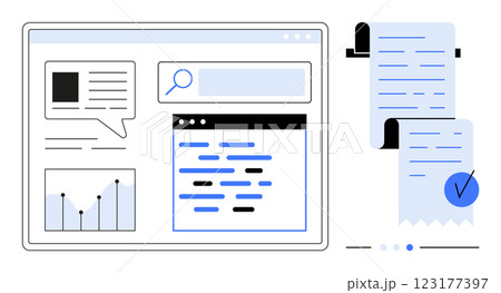 Several interface components like graphs, search bars, reports, and text on screens. Ideal for data analysis, information processing, business reports, digital documentation, and workflow Several interface components like graphs, search bars, reports, and text on screens. Ideal for data analysis, information processing, business reports, digital documentation, and workflow 123177397