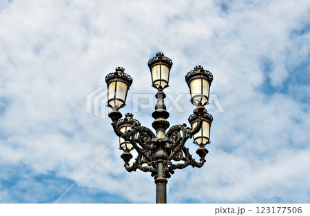 Lamppost in the Plaza de Maria Pita in A Coruna, Galicia, Spain	 123177506