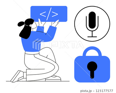 Woman holding coding symbol in blue outfit kneeling. Next to code icon, microphone icon, and lock icon. Ideal for technology, coding, software, podcasting, cybersecurity, data protection, web Woman holding coding symbol in blue outfit kneeling. Next to code icon, microphone icon, and lock icon. Ideal for technology, coding, software, podcasting, cybersecurity, data protection, web 123177577