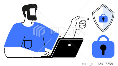 Man working on a laptop points to security-related icons including a shield with a lock and a padlock. Ideal for cybersecurity, online privacy, data protection, internet safety, and digital security Man working on a laptop points to security-related icons including a shield with a lock and a padlock. Ideal for cybersecurity, online privacy, data protection, internet safety, and digital security 123177591