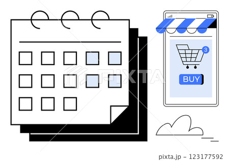 Calendar with highlighted dates next to a smartphone displaying a shopping cart and a buy button. Ideal for ecommerce, online shopping, scheduling, digital marketing, and time management. Modern flat Calendar with highlighted dates next to a smartphone displaying a shopping cart and a buy button. Ideal for ecommerce, online shopping, scheduling, digital marketing, and time management. Modern flat 123177592
